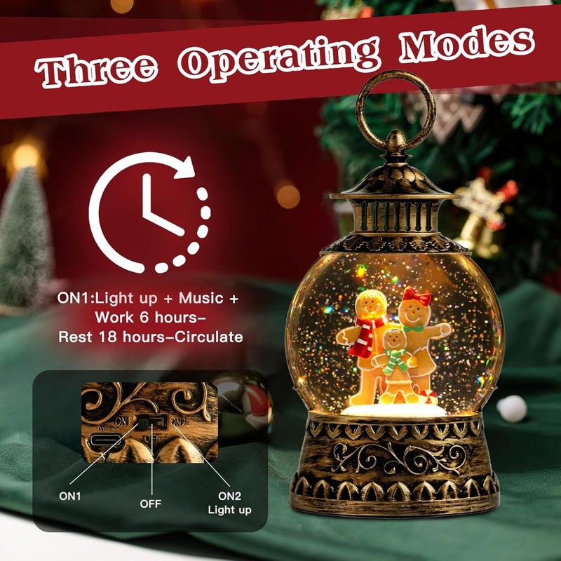 Aixuler Christmas Snow Globe,Gingerbread Man Musical Snow Globe Lantern Lights with 6H Timer Battery & USB Powered, Retro Style Holiday Glitter Globe for Xmas Home Decoration Holiday Party Gifts - Image 5