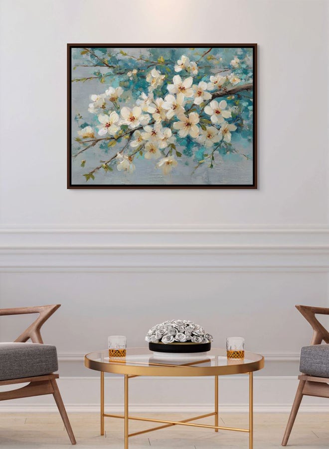 Art Decor Framed Canvas Landscape Print of Cream Blossom Branch on Blue Teal Background Modern Floral Botanical Wall Décor for Living Room Bedroom Office Home Décor - Image 3