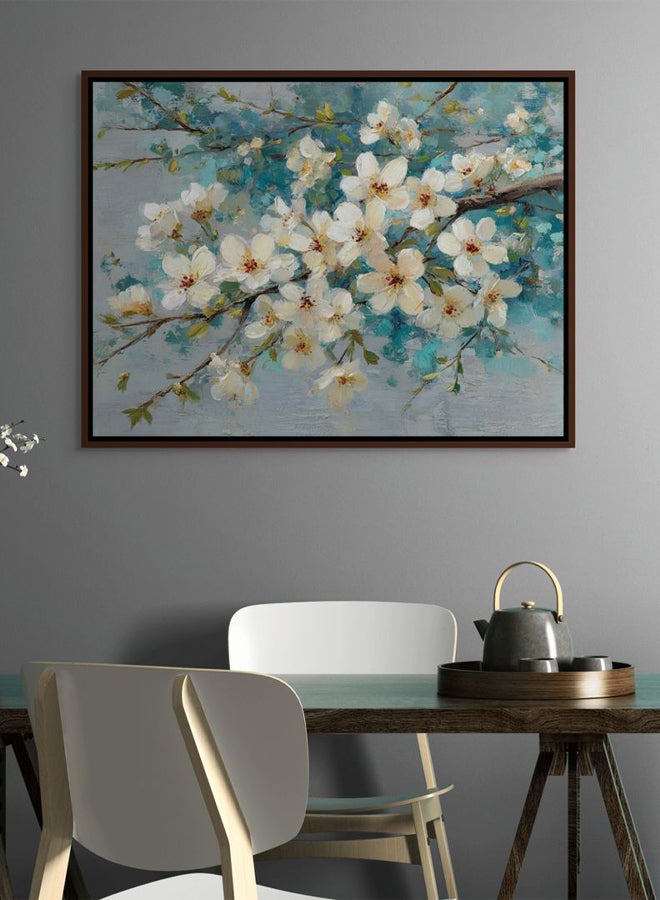 Art Decor Framed Canvas Landscape Print of Cream Blossom Branch on Blue Teal Background Modern Floral Botanical Wall Décor for Living Room Bedroom Office Home Décor - Image 2