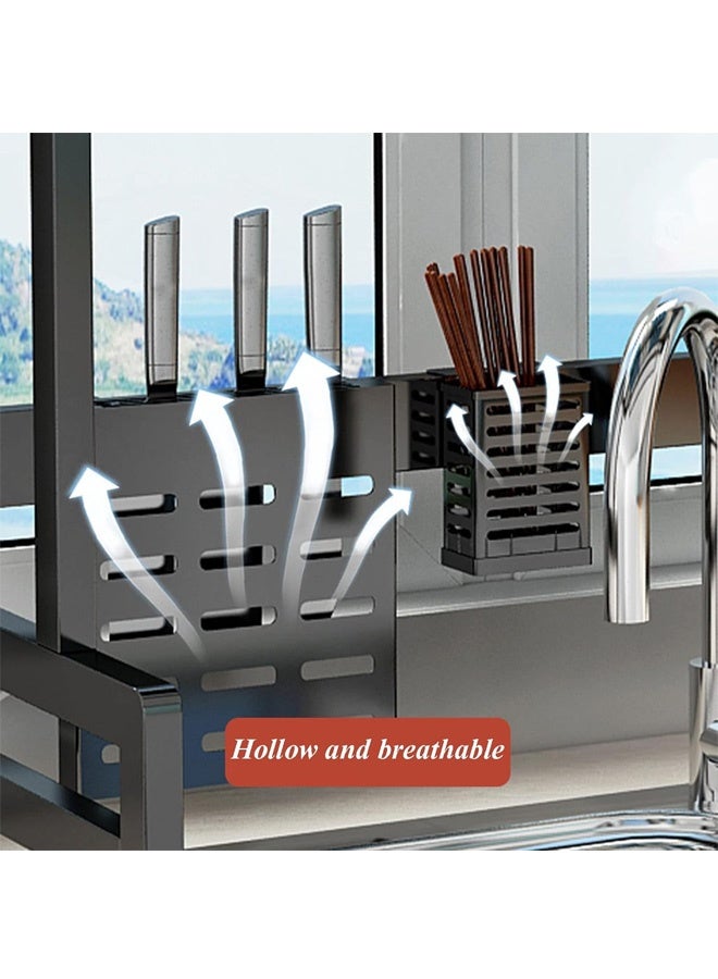 FUMES Over-Sink Kitchen Rack with Space-Saving Dish Drying and Storage Organizer with Utensil Hooks with Cover - Image 3