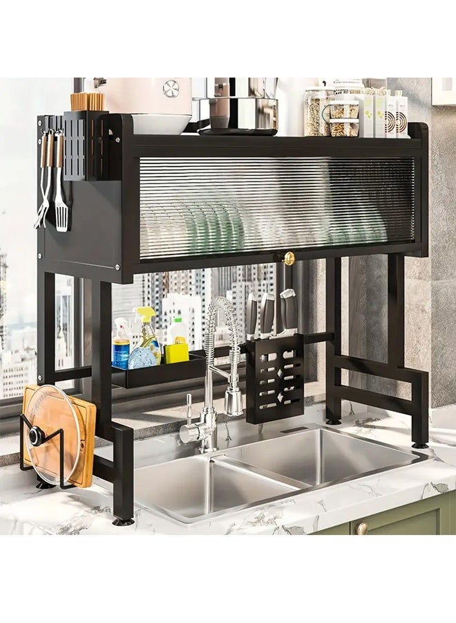 FUMES Over-Sink Kitchen Rack with Space-Saving Dish Drying and Storage Organizer with Utensil Hooks with Cover - Image 5