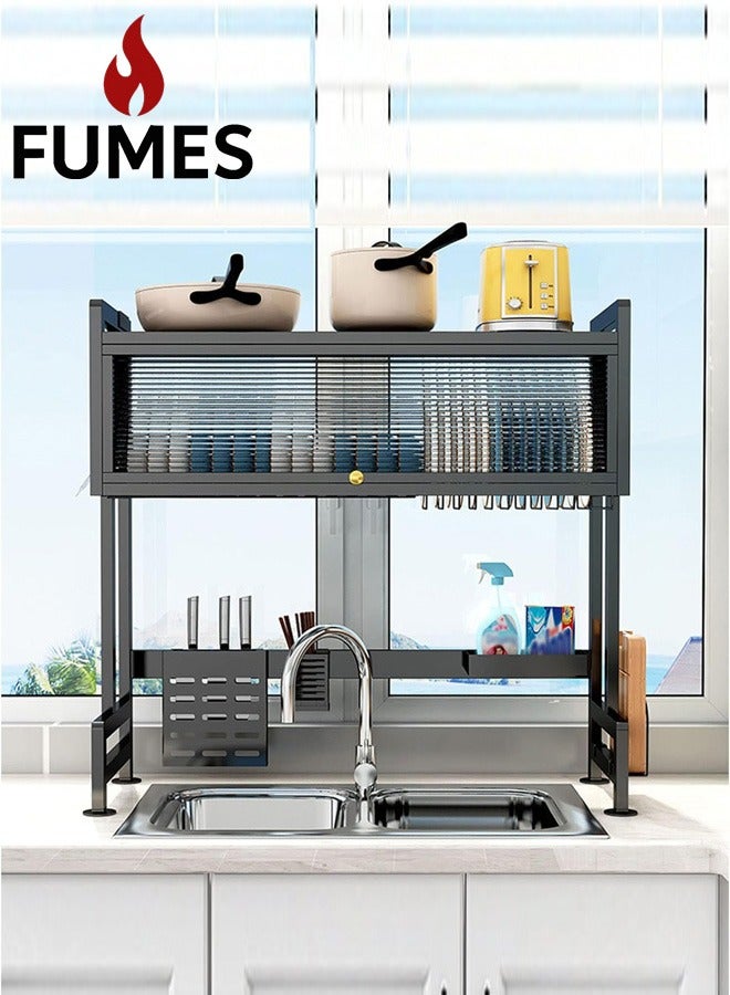 FUMES Over-Sink Kitchen Rack with Space-Saving Dish Drying and Storage Organizer with Utensil Hooks with Cover - Image 1