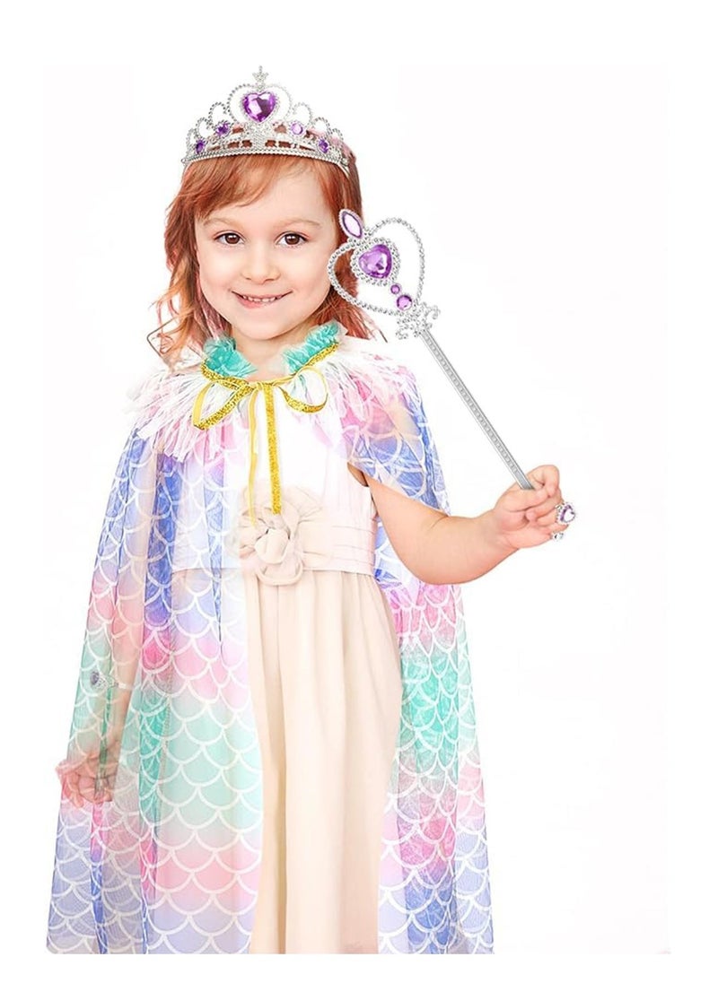Princess Cape for Kids, Princess Cloak with Tiara Crown for Little Girl, Dress Up Clothes Cape Cloak with Pendant, Earrings, Ring, Wand for Girl 3-8, Birthday Gift Mermaid Costume  - Image 4