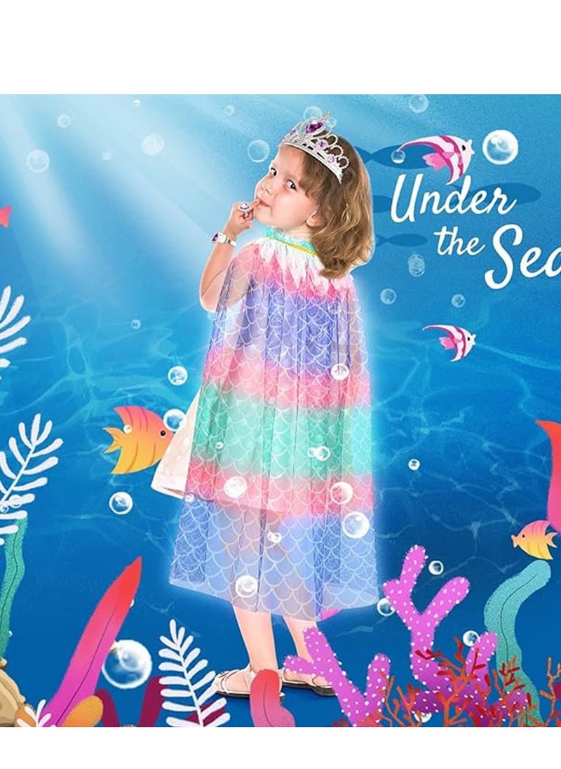 Princess Cape for Kids, Princess Cloak with Tiara Crown for Little Girl, Dress Up Clothes Cape Cloak with Pendant, Earrings, Ring, Wand for Girl 3-8, Birthday Gift Mermaid Costume  - Image 5