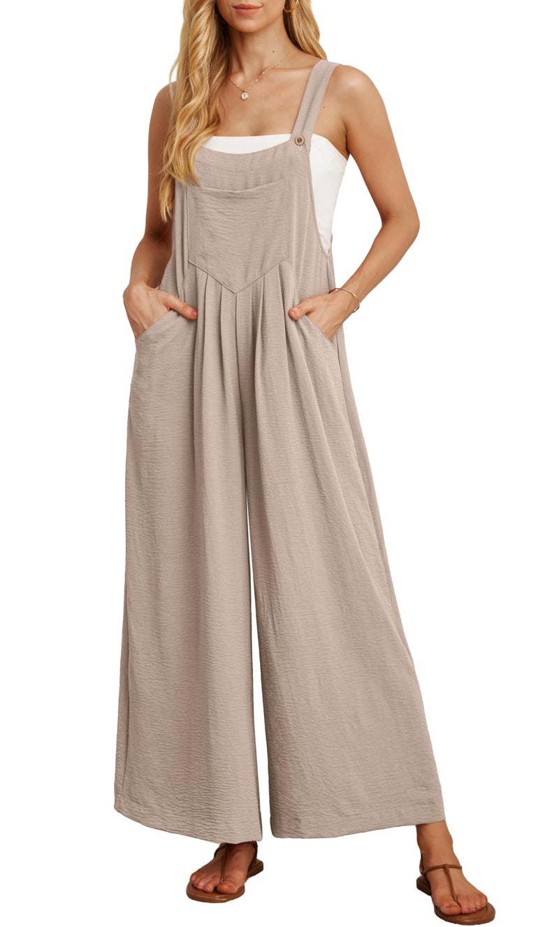 IWOLLENCE Women's Summer Jumpsuits Boho Wide Leg Overalls Casual Loose Rompers with Pockets 2024 Light khaki Small - Image 1