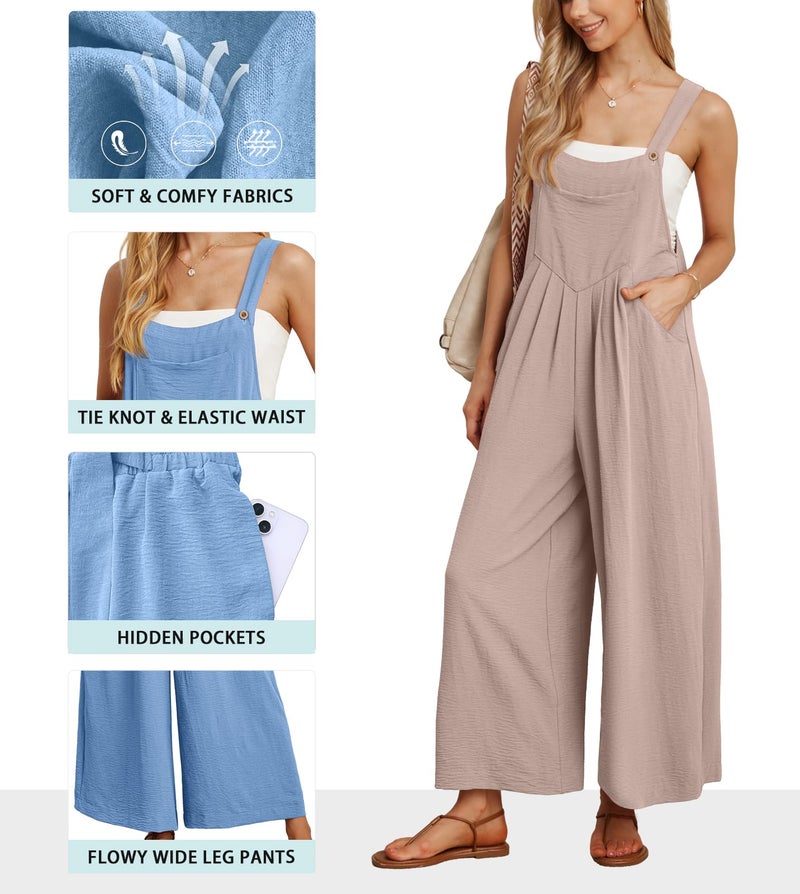 IWOLLENCE Women's Summer Jumpsuits Boho Wide Leg Overalls Casual Loose Rompers with Pockets 2024 Light khaki Small - Image 2