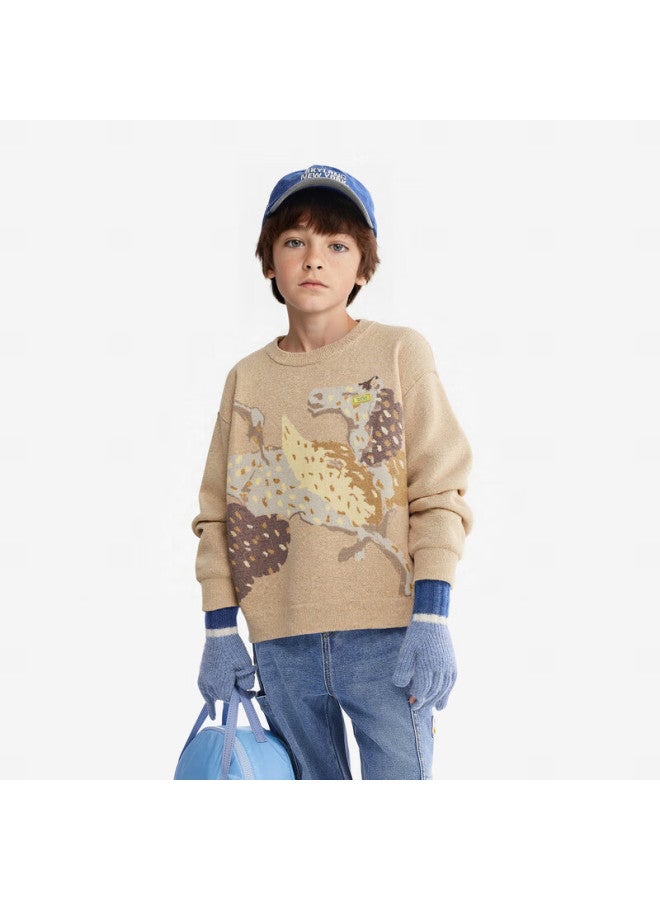 Mqd Boys' Crew Neck Pure Cotton Sweater  Autumn New Korean Style Colorblock Jacquard Knitwear - Image 2