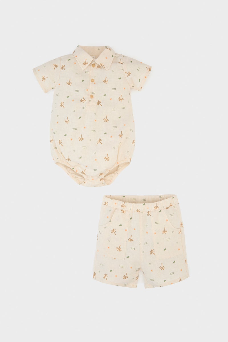 DeFacto Beige BabyBoy Baby Boy Palm Patterned Linen 2 Piece Set Casual - Image 1