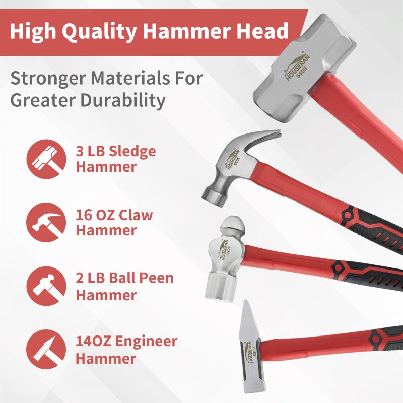 HOUSERAN 7-Pieces Hammer Set, 16 oz Claw Hammer, 12oz Claw Hammer, 13oz Ball Peen Hammer, 2 Lb Ball Peen Hammer, 3 Lb Sledge Hammer, Engineer Hammer, 10oz Rubber Mallet - Image 3