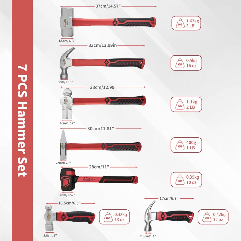 HOUSERAN 7-Pieces Hammer Set, 16 oz Claw Hammer, 12oz Claw Hammer, 13oz Ball Peen Hammer, 2 Lb Ball Peen Hammer, 3 Lb Sledge Hammer, Engineer Hammer, 10oz Rubber Mallet - Image 2