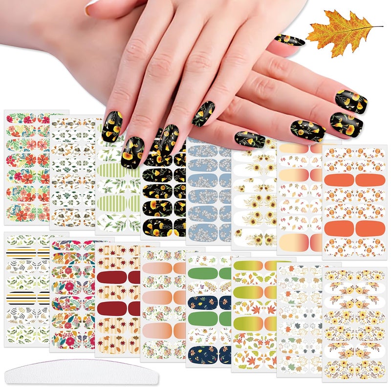 WOKOTO WOKOTO 16 Sheets Flowers Leaves Nail Stickers for Acrylic Nails Flowers Maple Leaf Nail Polish Strips Full Wraps for Women with Nail File Press On Nail Polish Stickers Nail Art Wraps