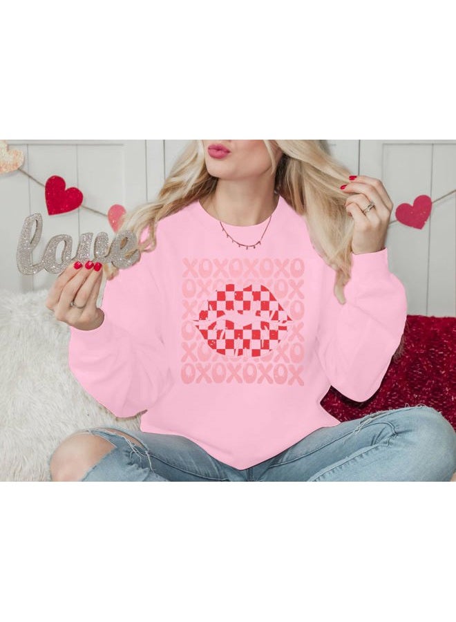FAYALEQ Valentines Shirts for Women, Crewneck Sweatshirt with XOXO Lips Graphic, Valentines Day Pullover Gift, Pink, L - Image 2