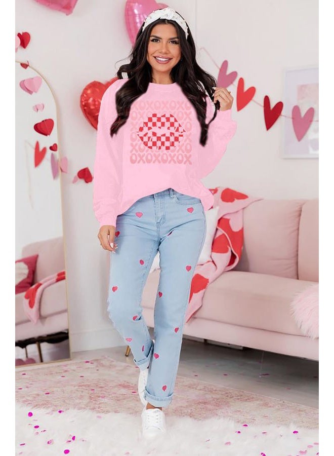 FAYALEQ Valentines Shirts for Women, Crewneck Sweatshirt with XOXO Lips Graphic, Valentines Day Pullover Gift, Pink, L - Image 3