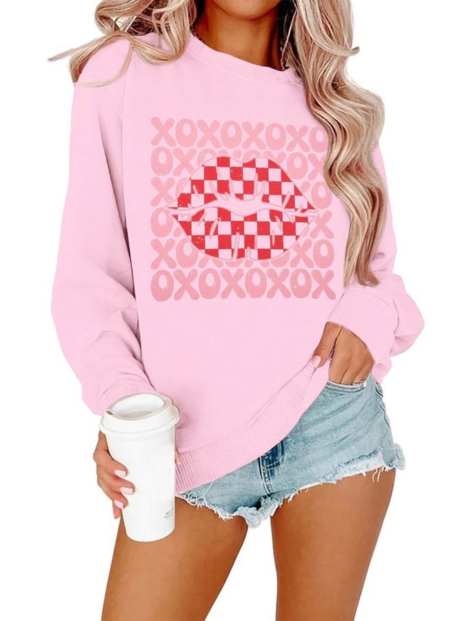 FAYALEQ Valentines Shirts for Women, Crewneck Sweatshirt with XOXO Lips Graphic, Valentines Day Pullover Gift, Pink, L - Image 1