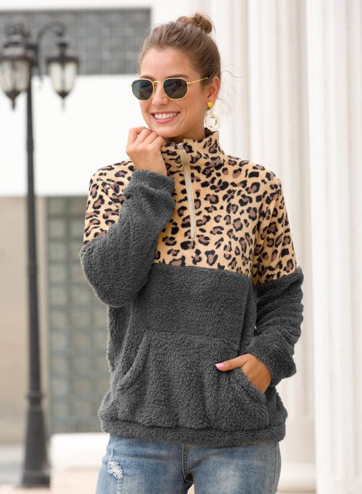 Loquat Zip Lapel Reversible Velvet Leopard Patch Pullover Multicolour 