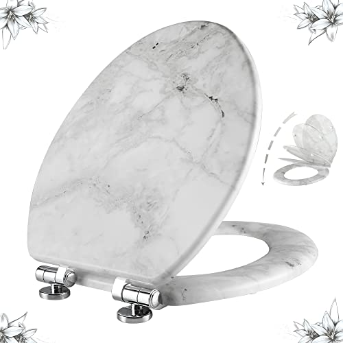 Angel Shield Marble Toilet Seat Durable Molded Wood with Quiet Close,Easy Clean Quick-Release Hinges (Elongated,Gray Marble) - Image 1