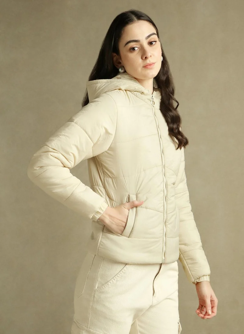 Dennis Lingo Women's Off White 100% Polyester Solid Regular Fit Jacket