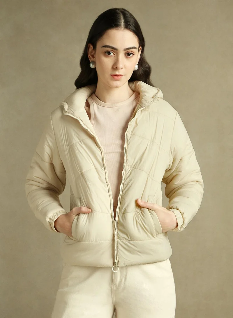 Dennis Lingo Women's Off White 100% Polyester Solid Regular Fit Jacket