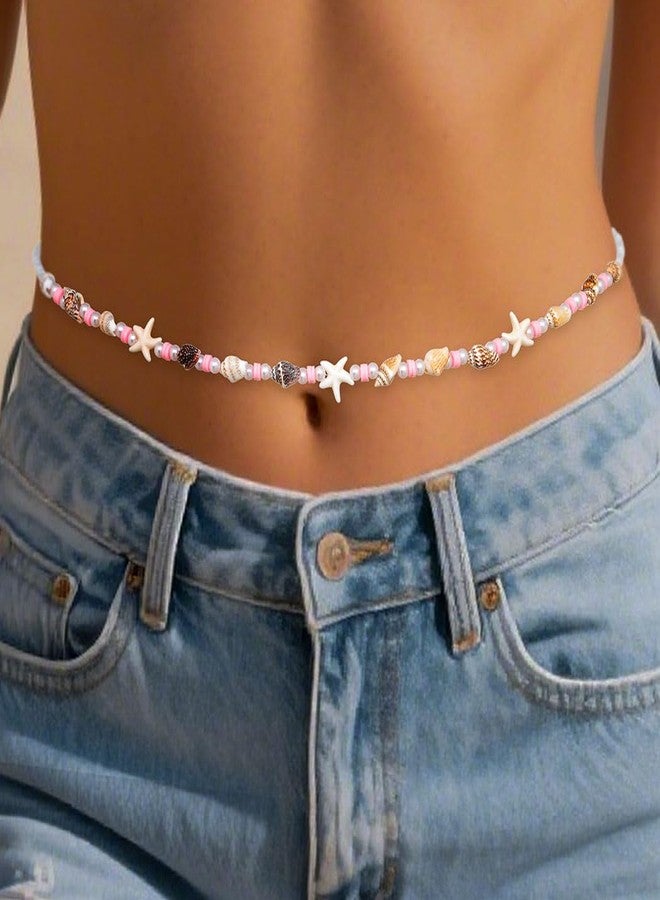 اوريو سلسلة خصر من اللؤلؤ والصدف من يوريو، سلسلة خصر شاطئية على شكل نجم البحر باللونين الوردي والأبيض، مجوهرات للجسم صيفية - Image 3