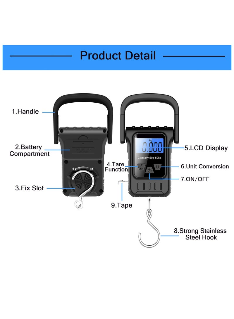 Captaintech Fish Scale, Digital Portable Pocket Hanging Scale with Backlit LCD Display, 110lb/50kg Luggage Scale, Rechargable Electronic Balance Digital Fishing Hook Postal Scale with Measuring Tape Ruler - Image 5