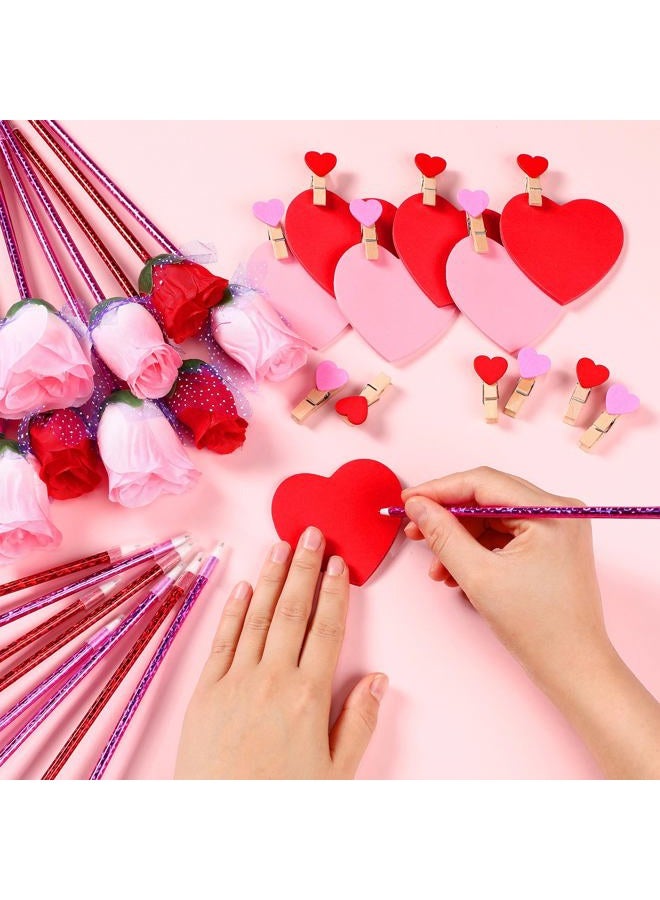 Yexiya 48 Sets Flower Pen Valentines Day Classroom Gifts for Kids Valentine Rose Ballpoint Pens with Sticky Notes Heart Clips Goodie Bags for Gift Supplies (Red and Pink) - Image 5