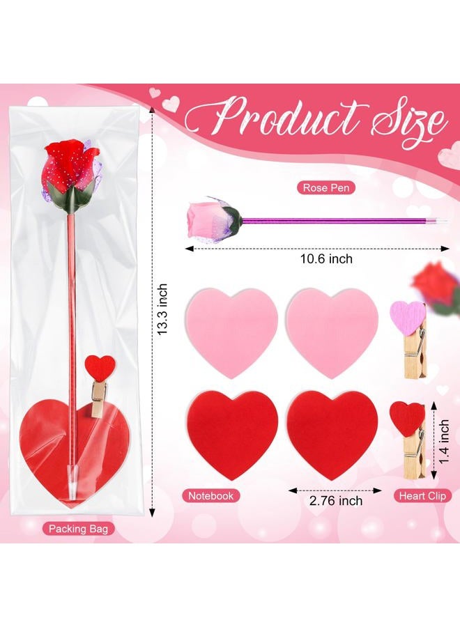 Yexiya 48 Sets Flower Pen Valentines Day Classroom Gifts for Kids Valentine Rose Ballpoint Pens with Sticky Notes Heart Clips Goodie Bags for Gift Supplies (Red and Pink) - Image 2
