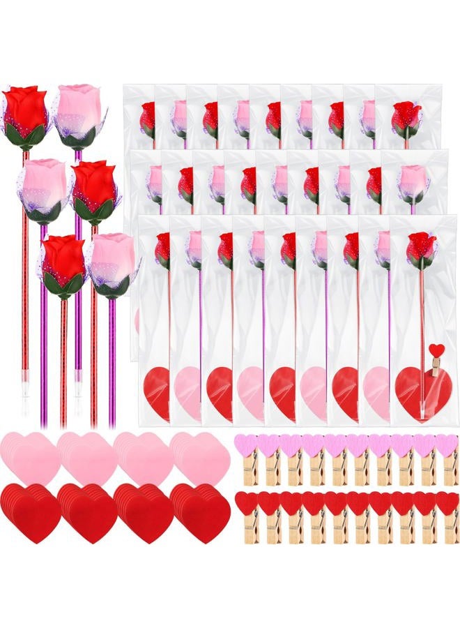 Yexiya 48 Sets Flower Pen Valentines Day Classroom Gifts for Kids Valentine Rose Ballpoint Pens with Sticky Notes Heart Clips Goodie Bags for Gift Supplies (Red and Pink) - Image 1