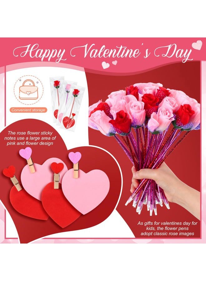 Yexiya 48 Sets Flower Pen Valentines Day Classroom Gifts for Kids Valentine Rose Ballpoint Pens with Sticky Notes Heart Clips Goodie Bags for Gift Supplies (Red and Pink) - Image 3