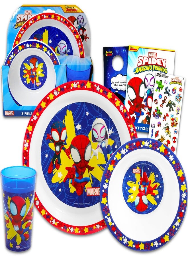 MARVEL Spidey and His Amazing Friends Dinnerware Set for Kids, Toddlers - 3 Pc Kitchen Accessories Bundle with Spidey and Friends Dinner Plate, Cup, Stickers, More | Spiderman Flatware Set - Image 1