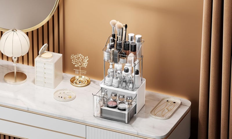 Dravina 3-Tier Makeup Organizer Storage Box | Vanity Tray for Cosmetics, Skincare Organizers, Stationery & Countertop Storage | Bathroom & Dressing Table Organizer, Ideal Gift for Women, Grey,35cm - Image 1
