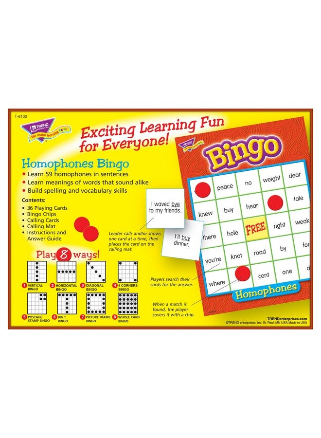 Trend Enterprises: Homophones Bingo Game, Exciting Way for Everyone to Learn, Play 8 Different Ways, Great for Classrooms and at Home, 2 to 36 Players, for Ages 8 and Up - Image 4