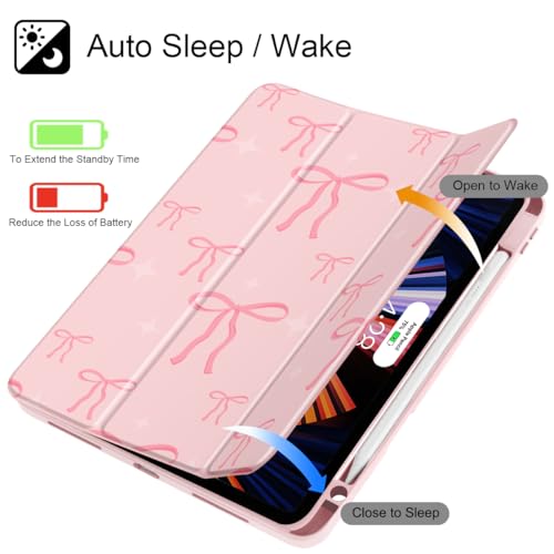 May Chen for iPad Pro 11 inch M2 4th Generation 2022, iPad Pro 11 3rd/2nd/1st Gen, Case with Transparent Shockproof Back Cover [Built-in Pencil Holder, Auto Sleep/Wake, Pink Bows P721 - Image 3