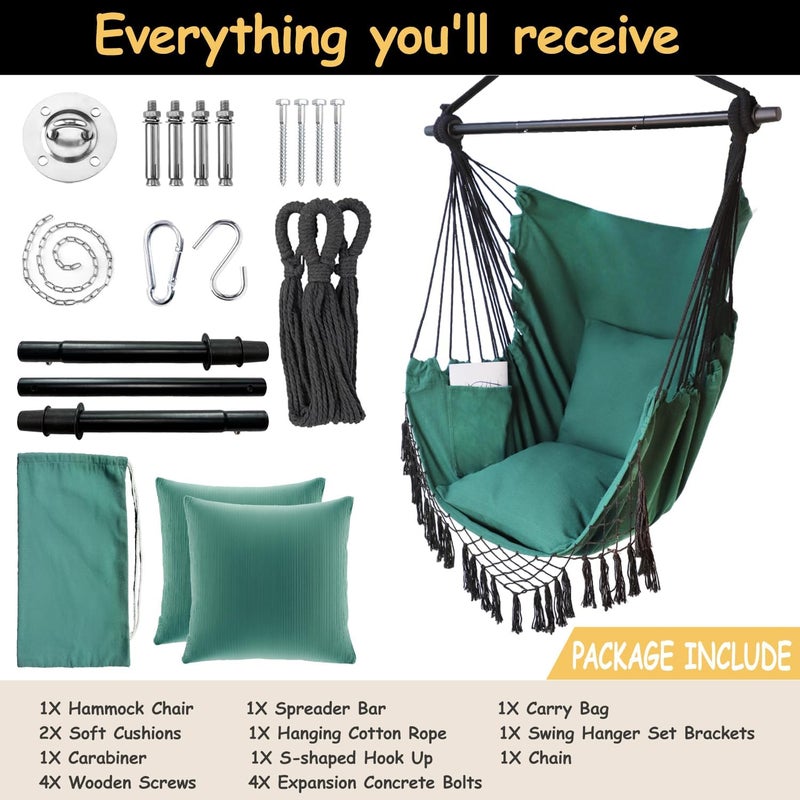 PIRNY Hammock Chair Hanging Rope Swing Chair,Max 500 Lbs, Large Hanging Chair with Pocket, 2 Cushions, Removable Steel Bar, Hardware Kit Included, Superior Comfort for Indoor Outdoor (Dark Green) - Image 3