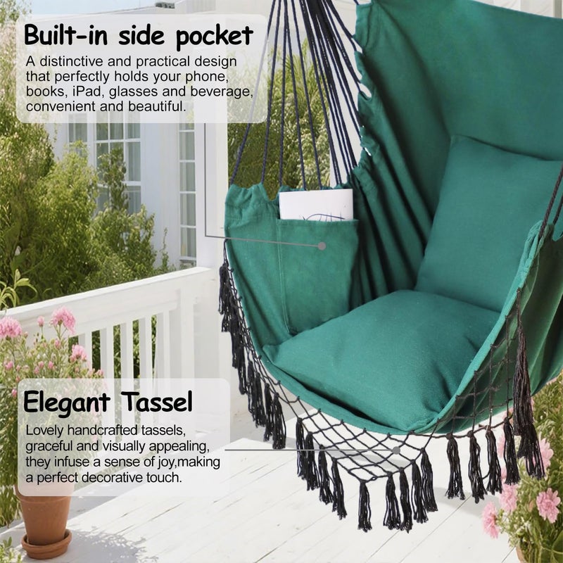 PIRNY Hammock Chair Hanging Rope Swing Chair,Max 500 Lbs, Large Hanging Chair with Pocket, 2 Cushions, Removable Steel Bar, Hardware Kit Included, Superior Comfort for Indoor Outdoor (Dark Green) - Image 2