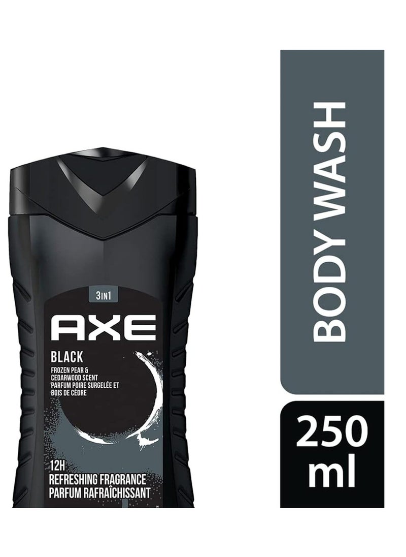 Axe - AX Black 3-in-1 Men's Body, Face and Hair Wash, Fresh Frozen Pear and Cedarwood Scent, Long Lasting Up to 12 Hours, Natural Ingredients, Removes Odors and Bacteria, No Parabens, 250 ml - Image 1