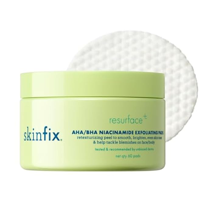 Skinfix AHA/BHA Niacinamide Exfoliating Pads - 60 Pads - Visibly Reduces Discoloration, Removes Dead Skin, Releases Ingrown Hairs & Unclogs Pores with Lactic Acid - Vegan, Cruelty Free - Image 1