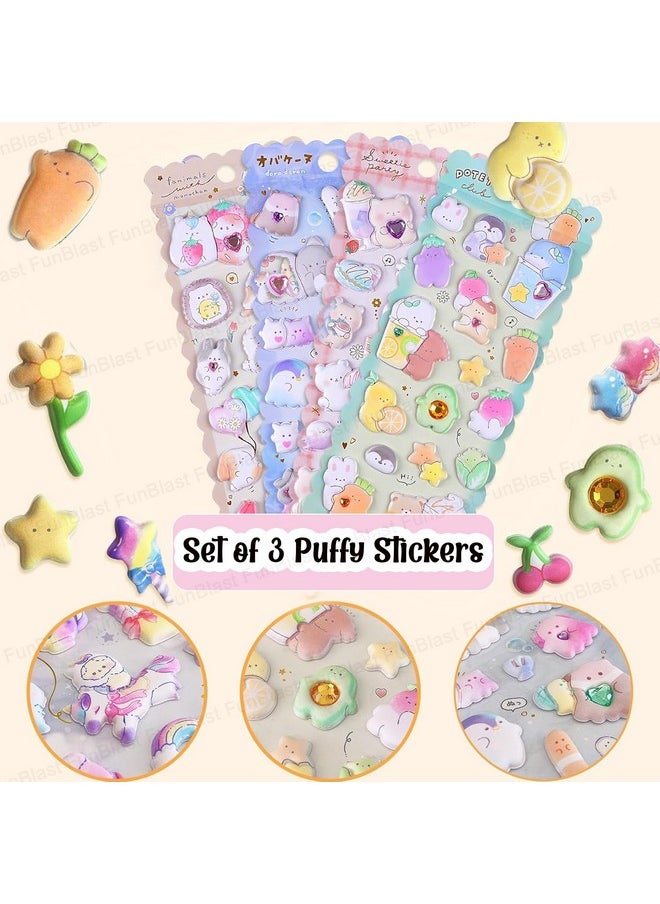 FunBlast - Kawaii Stickers Set - 3 Sheets, 50 Pcs Puffy Stickers For Kids, 3D Stickers For Girls, Aesthetic Sticker, Cute Stickers, Foam Stickers For Kids, Craft Stickers, Self Adhesive Stickers - Image 1