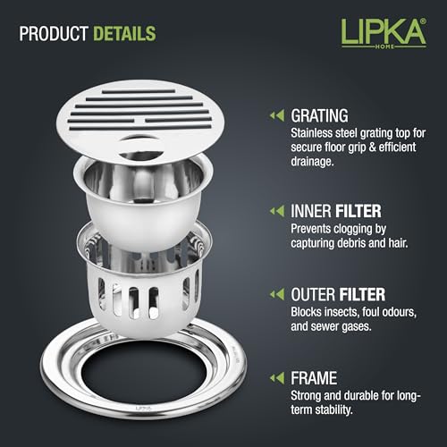 LIPKA 5 Inch Golden Classic Jali Round Floor Drain/Plain Jali |304-Grade Stainless Steel | Grating Trap Drain Cover with Cockroach Trap with Hole for Bathroom and Kitchen Rust Corrosion Resistant - Image 4