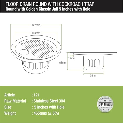 LIPKA 5 Inch Golden Classic Jali Round Floor Drain/Plain Jali |304-Grade Stainless Steel | Grating Trap Drain Cover with Cockroach Trap with Hole for Bathroom and Kitchen Rust Corrosion Resistant - Image 2