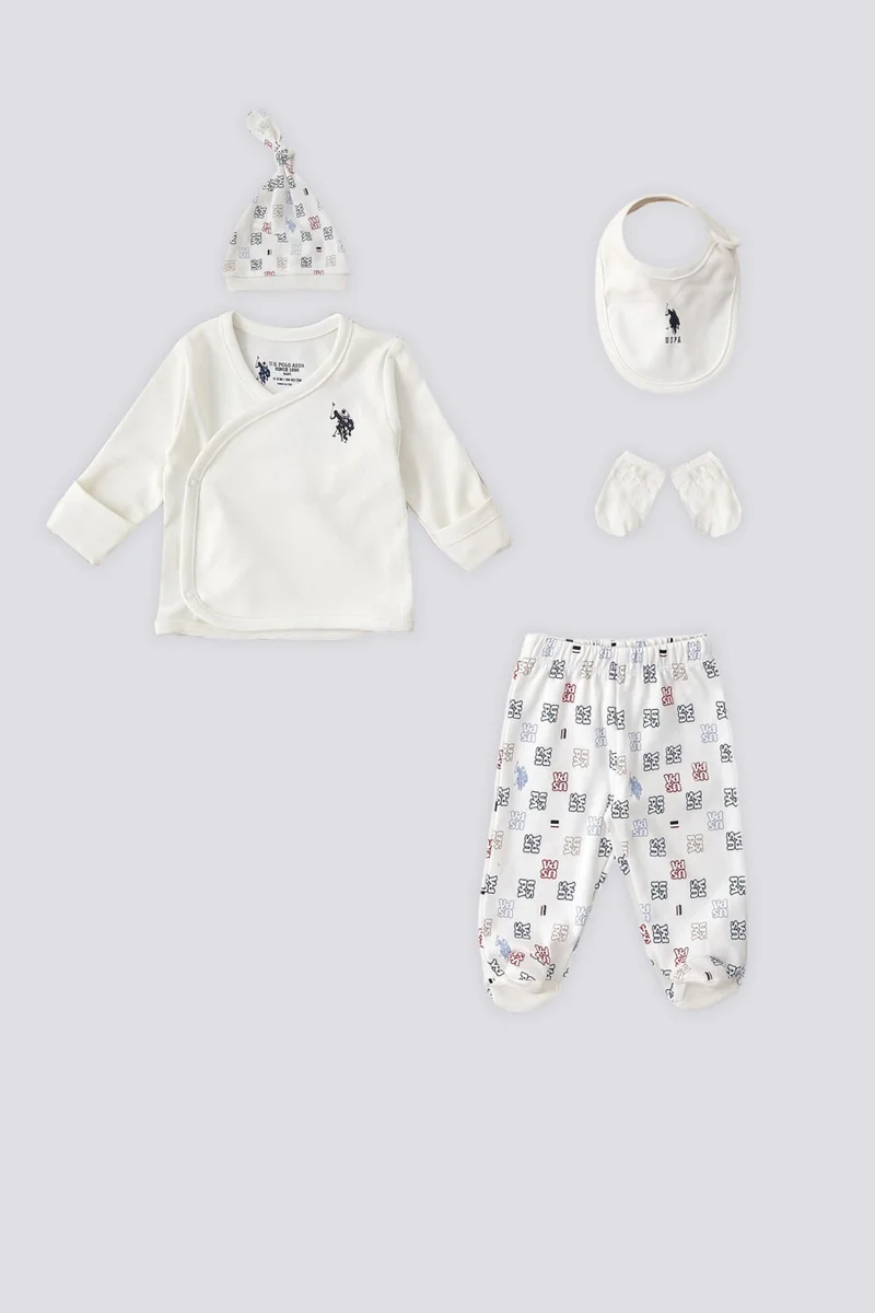 U.S. Polo Assn. Cream Uspa Pattern Baby 5-Piece Hospital Discharge Set