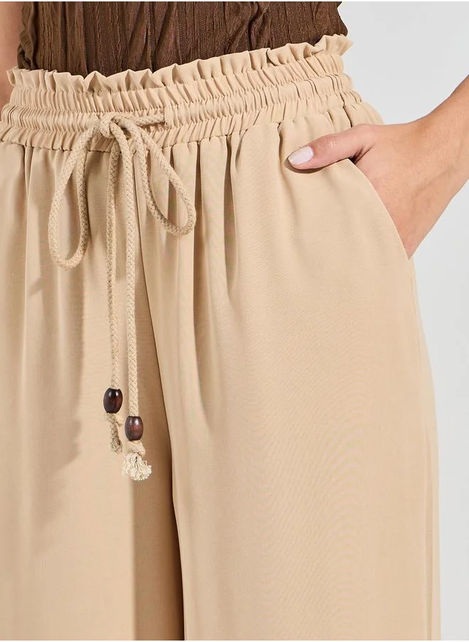 Styli Solid Wide Leg Pants with Drawstring