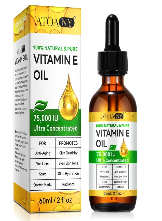 ATOANY Vitamin E Oil 75,000 IU 2 Fl Oz - 100% Pure Vitamin E Oil for Skin, Face, Hair, Body - Natural Antioxidant for Dryness, Wrinkles, Scars & Stretch Marks, Moisturizing and Firming Skin - Image 1