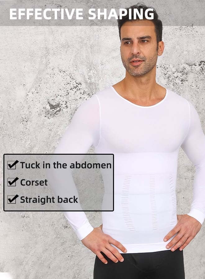 Men'S Compression Clothing, Men'S Sports Shaping Clothing, Long-Sleeved Crew Neck Slim Fit T-Shirt, Shapewear, Sports Fitness Tummy Control Shaping Clothing, White, Size L - Image 4