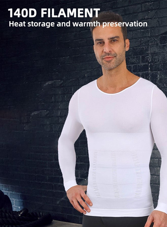 Men'S Compression Clothing, Men'S Sports Shaping Clothing, Long-Sleeved Crew Neck Slim Fit T-Shirt, Shapewear, Sports Fitness Tummy Control Shaping Clothing, White, Size L - Image 3