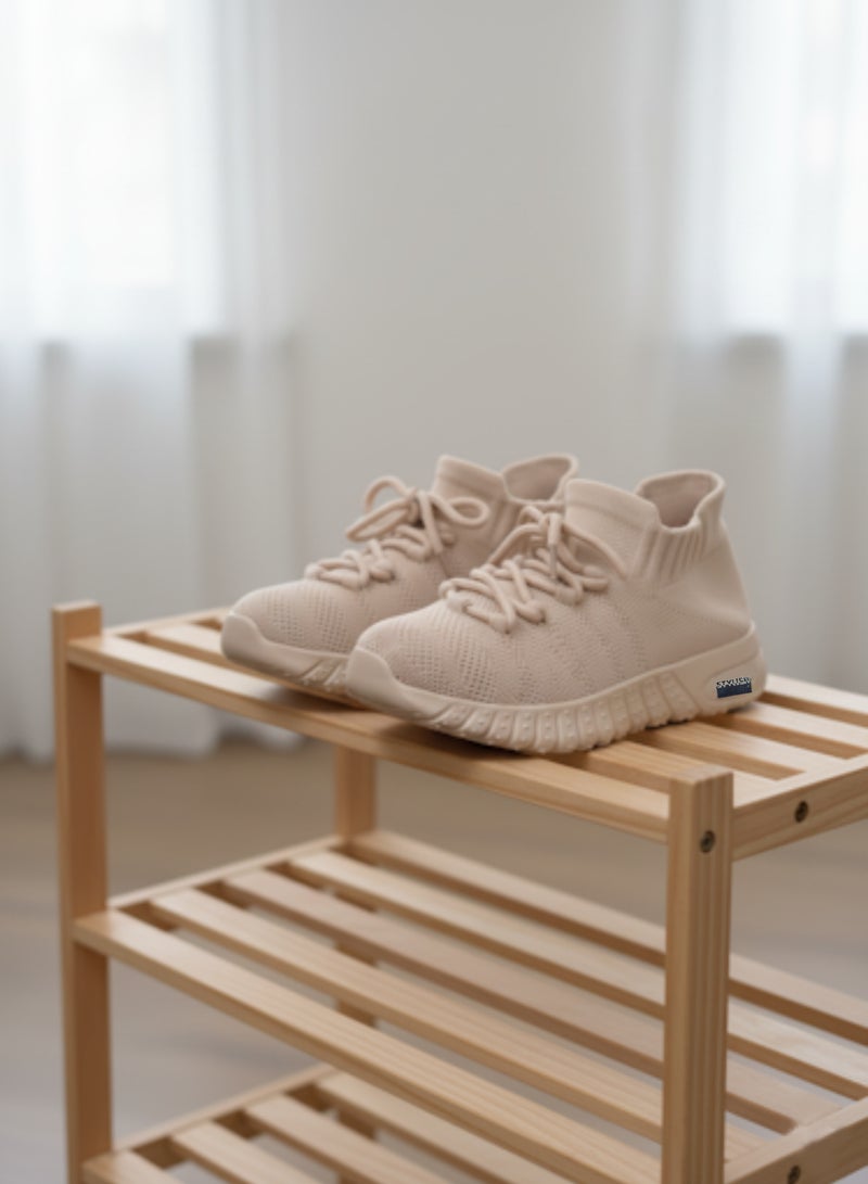 stylish Kids' Sneakers, Traditional Lace-Up Sneaker, Beige - Image 2