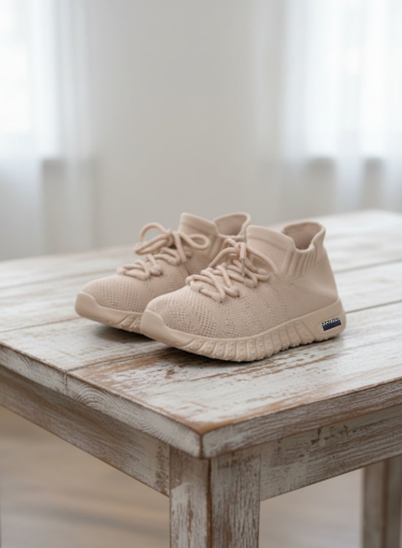 stylish Kids' Sneakers, Traditional Lace-Up Sneaker, Beige - Image 1