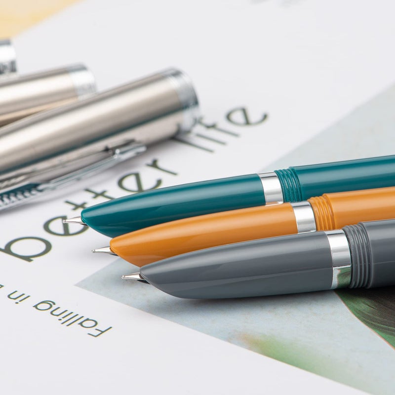 Lanxivi 3 Jinhao 86 Fountain Pen Set (Malachite Blue, Khaki and Gray Resin) Extra Fine Nib with Refillable Ink Converter - Image 5