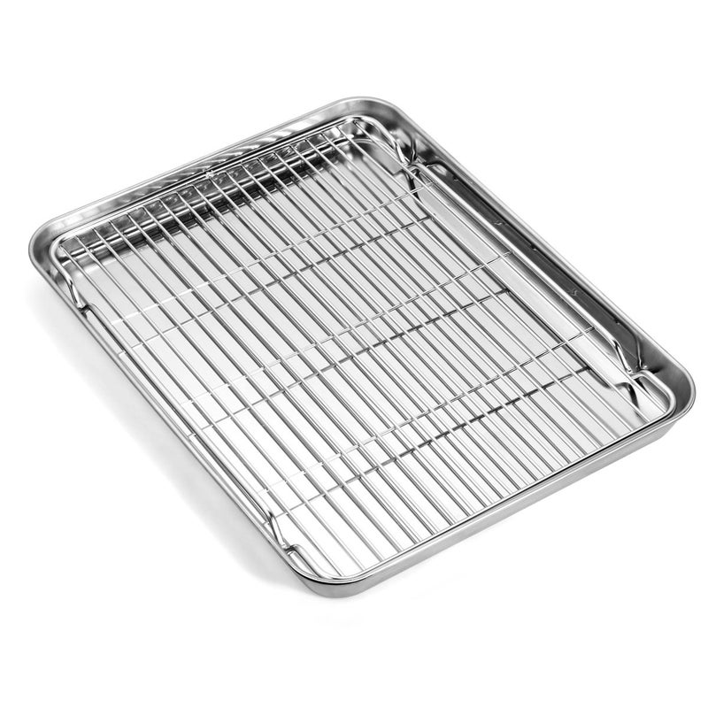 Baking Sheet with Wire Rack Set Stainless Steel Cookie Sheet Baking Pan Toaster Oven Tray with Cooling Rack 124 x 10 x 1 Inch Quarter Sheet Pan  Non Toxic  Dishwasher Safe