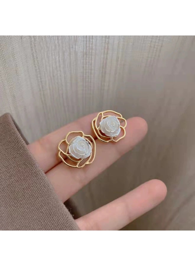 Goolsky أقراط كاميلية فرنسية بيضاء للنساء - تصميم هول مفرغ أنيق من الفضة النقية، زخارف كاميلية مفرغة من فضة S925 مضادة للحساسية، مناسبة للمكتب، الاستخدام اليومي، حفلات الزفاف، واحتفالات عيد الفطر - Image 5