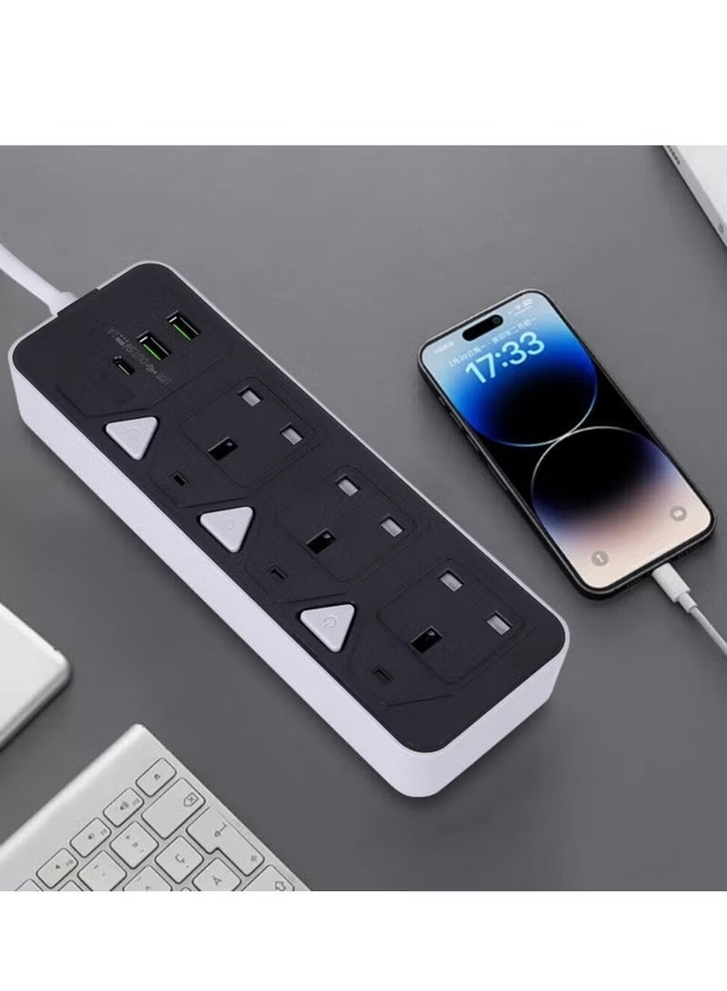 تراداماكس وصلة كهربائية بـ 3 منافذ، ومنفذين USB ومنفذ Type-C، مع مفاتيح تحكم فردية – قدرة 2000 واط، كابل بطول 3 أمتار، قابلة للتثبيت على الحائط - Image 4
